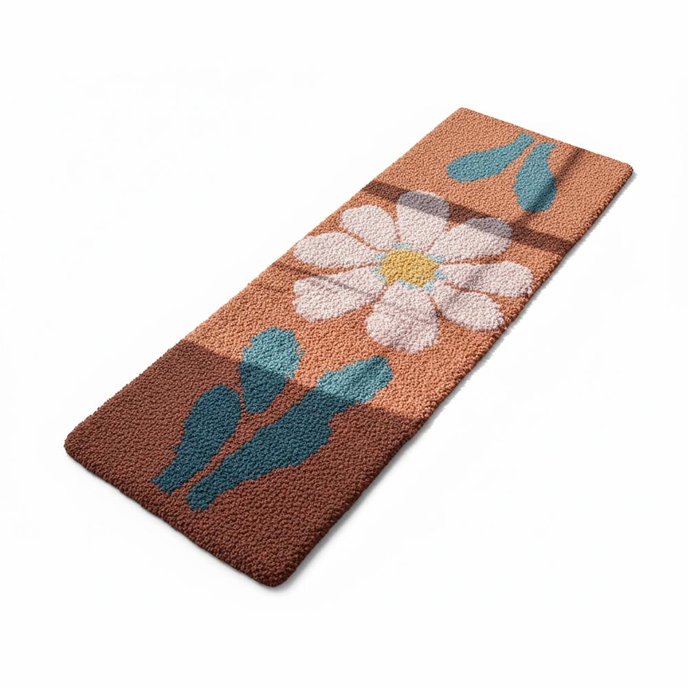 Handmade Floral Runner Rug with Brown Background and Blue Leaves