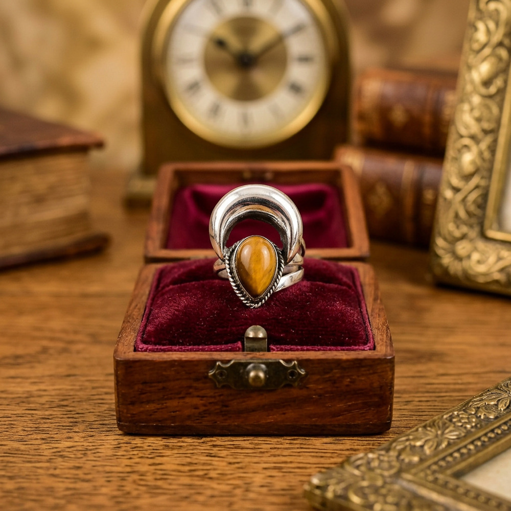 Natural Tiger Eye Classic Wedding Party Moon Ring