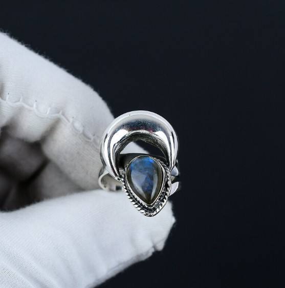925 Sterling Silver Natural Labradorite Bezel Setting Wedding Ring