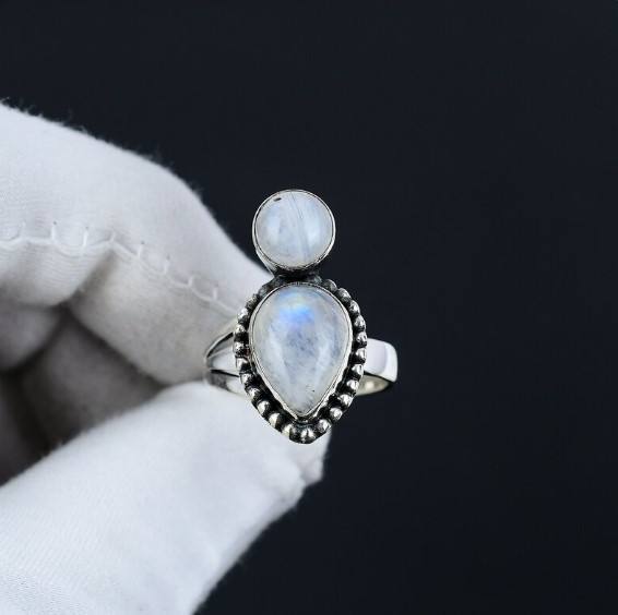 Natural Rainbow Moonstone Wedding Ring