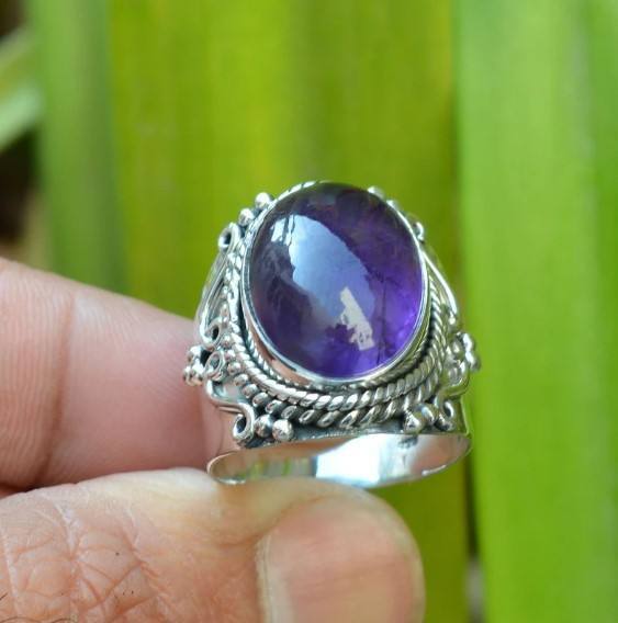 Natural Amethyst Bezel Setting Wedding Ring