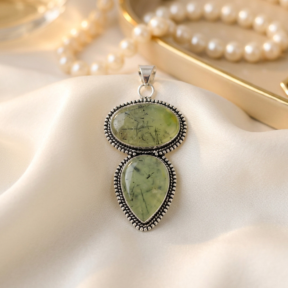 Natural Prehnite With Black Tourmaline Double Stone Pendant