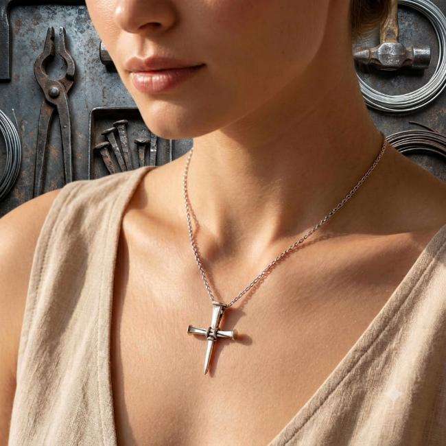 925 Sterling Silver Horseshoe Nail Cross Pendant