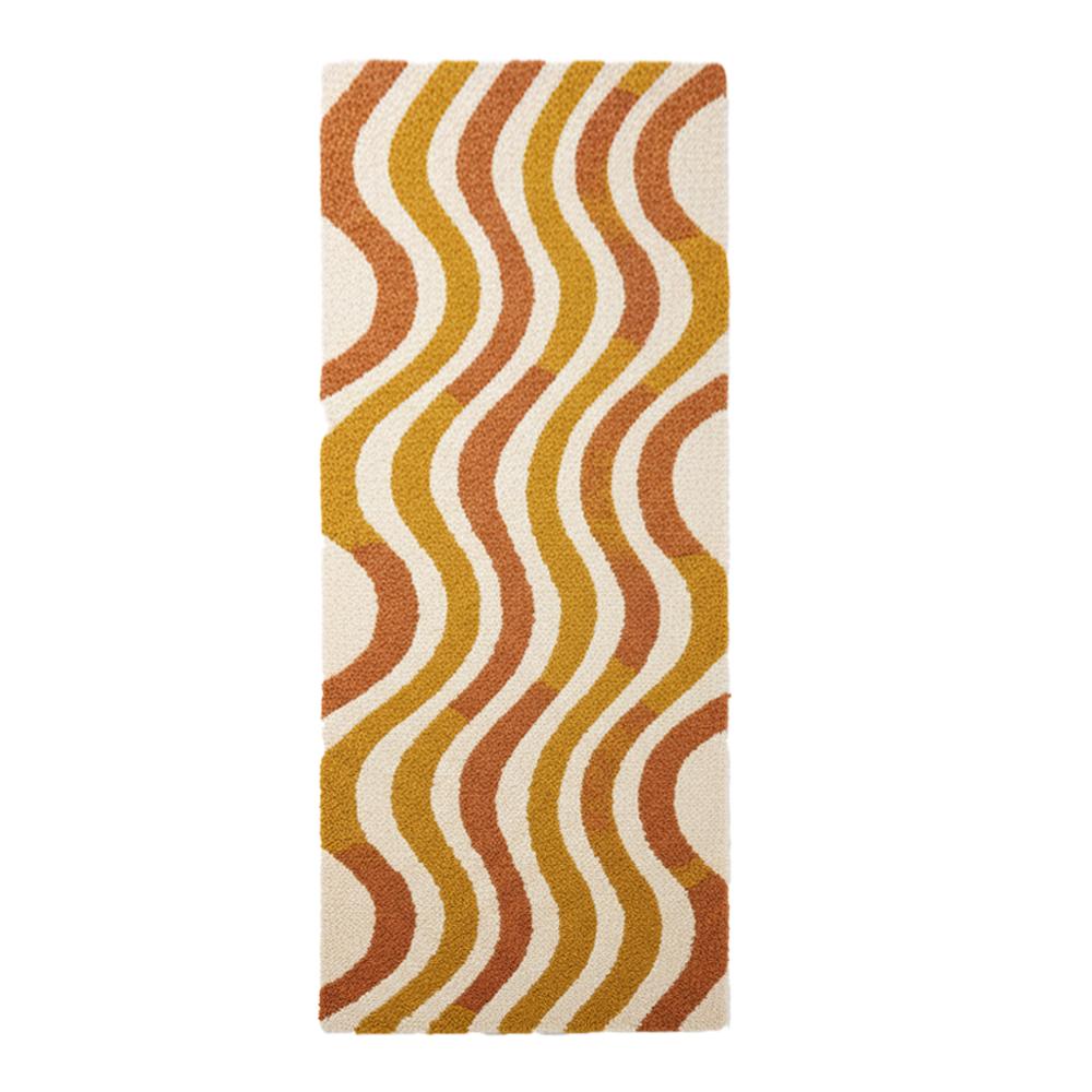 Handmade Wavy Pattern Runner Rug in Mustard Yellow Brown and Cream