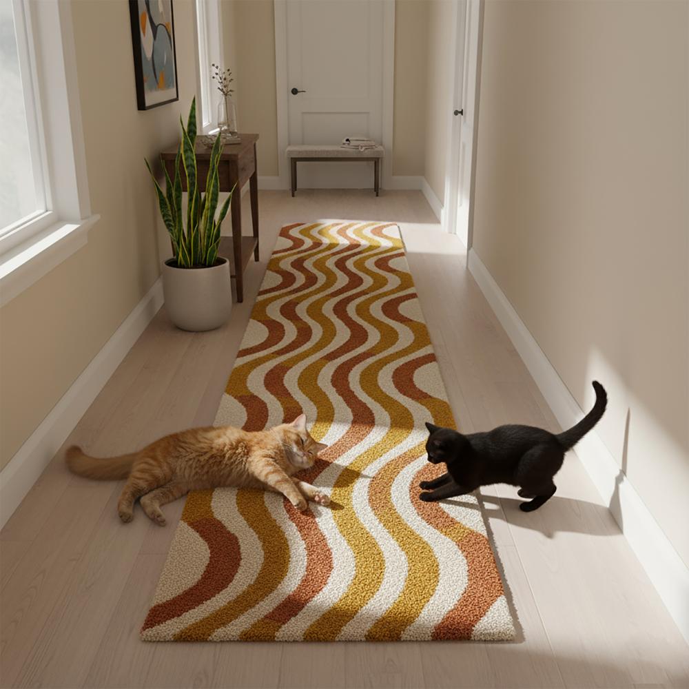 Handmade Wavy Pattern Runner Rug in Mustard Yellow Brown and Cream
