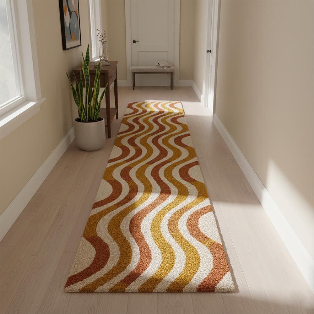 Handmade Wavy Pattern Runner Rug in Mustard Yellow Brown and Cream