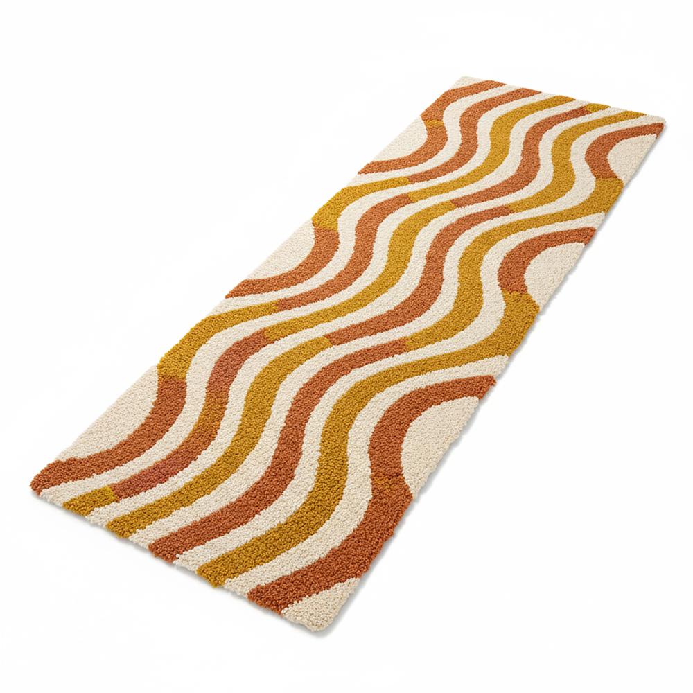 Handmade Wavy Pattern Runner Rug in Mustard Yellow Brown and Cream