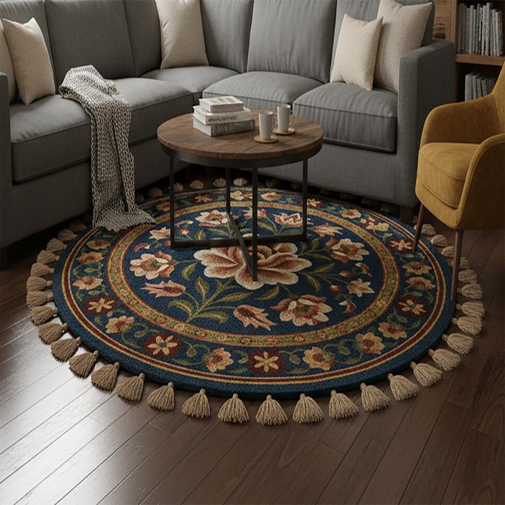 Round Floral Hand Tufted Rug with Tassels and Traditional Multicolor Design