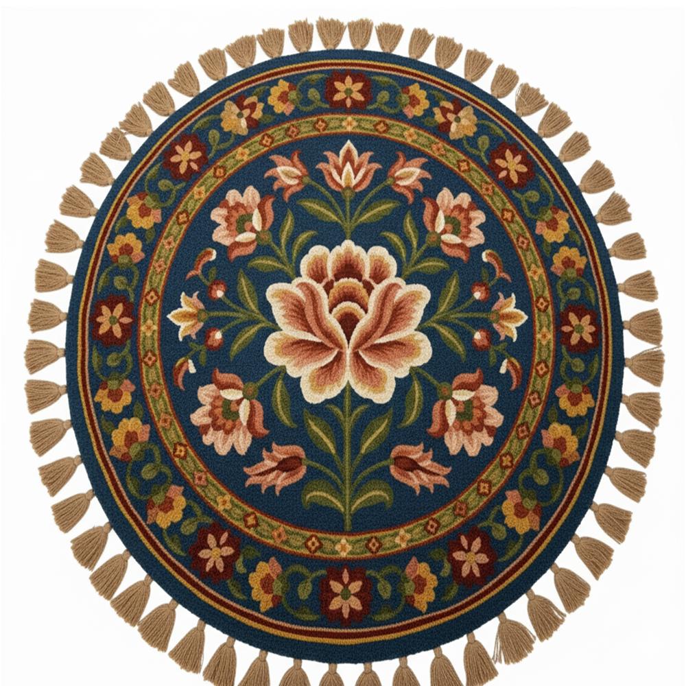 Round Floral Hand Tufted Rug with Tassels and Traditional Multicolor Design