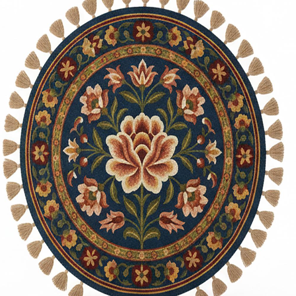 Round Floral Hand Tufted Rug with Tassels and Traditional Multicolor Design