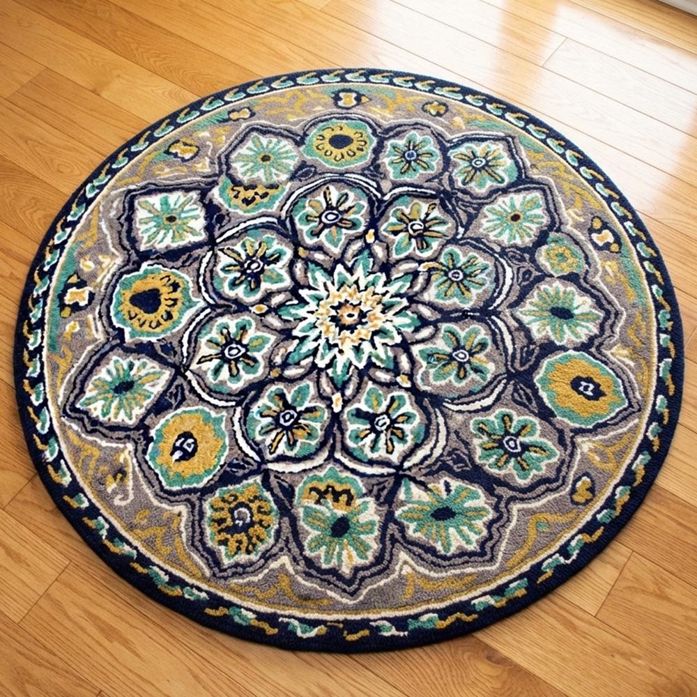 Round Multicolor Floral Hand Tufted Rug with Traditional Medallion Pattern