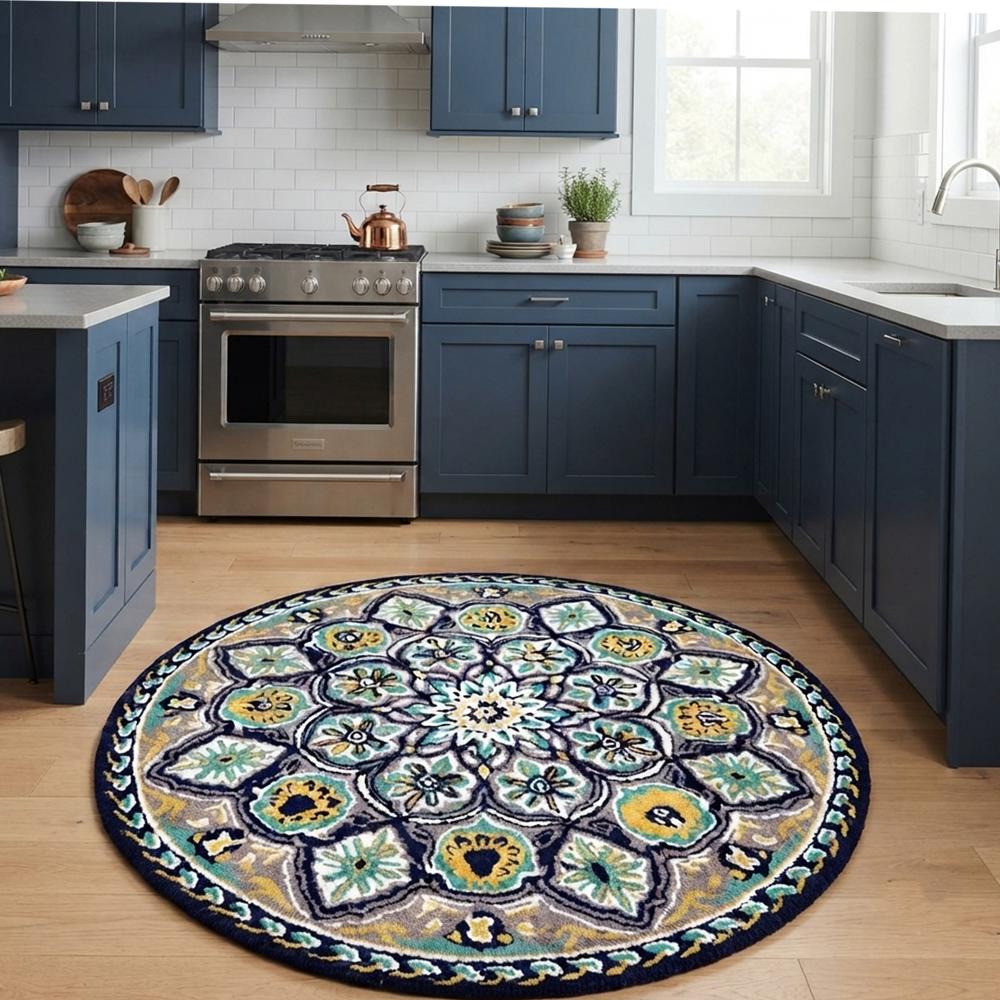 Round Multicolor Floral Hand Tufted Rug with Traditional Medallion Pattern
