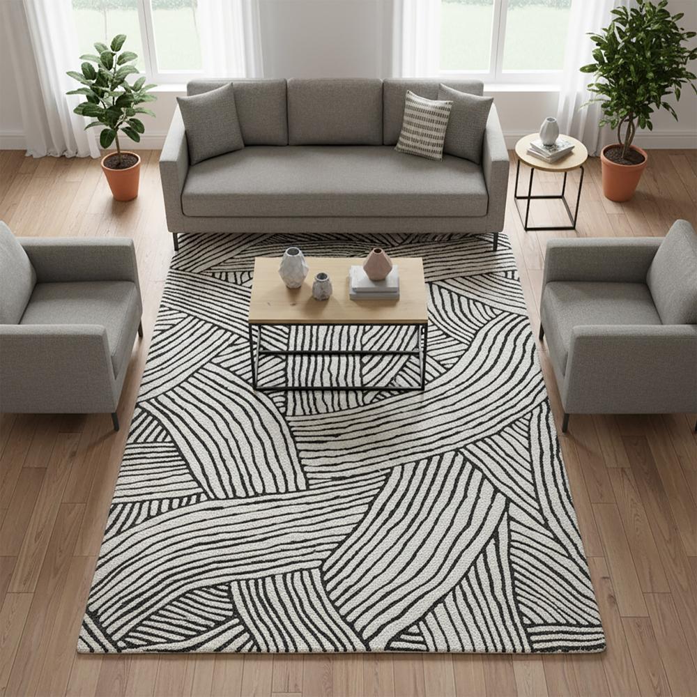 Black and White Abstract Line Wool Rug
