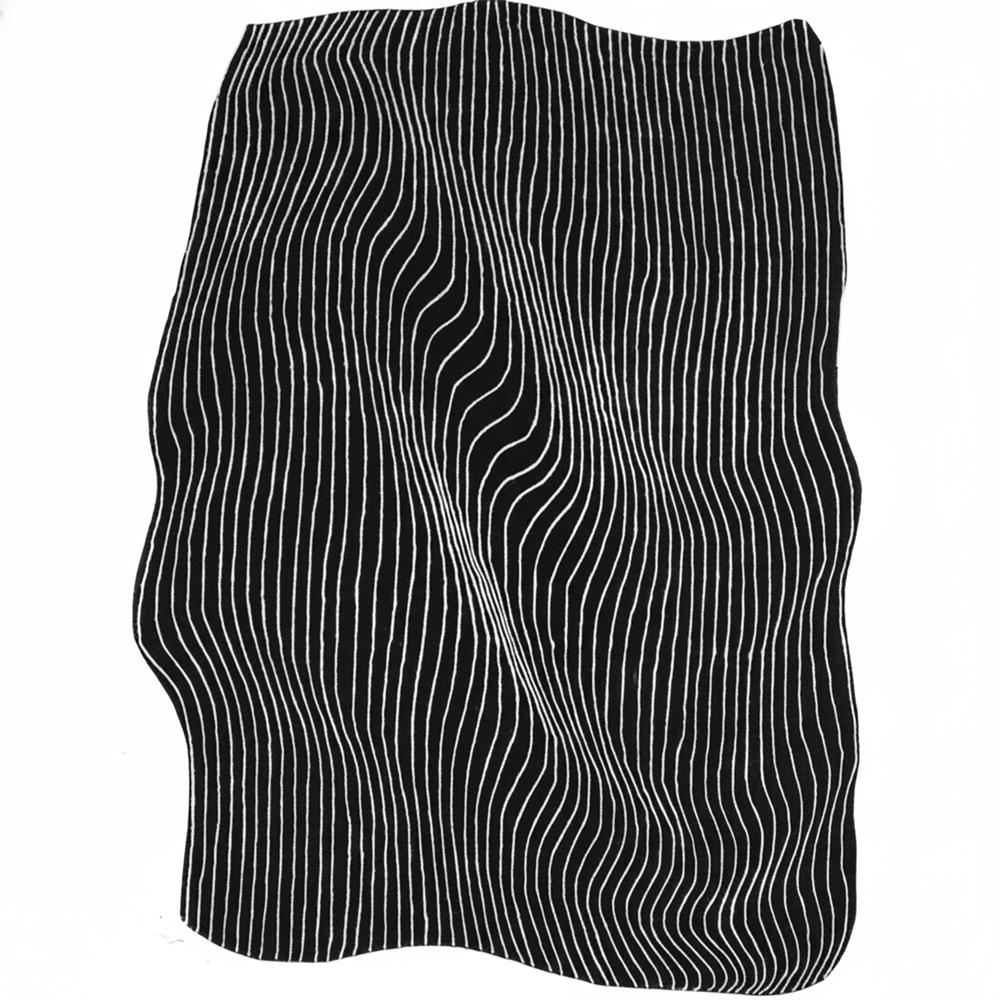 Black Wavy Line Wool Rug, Modern Abstract Area Rug