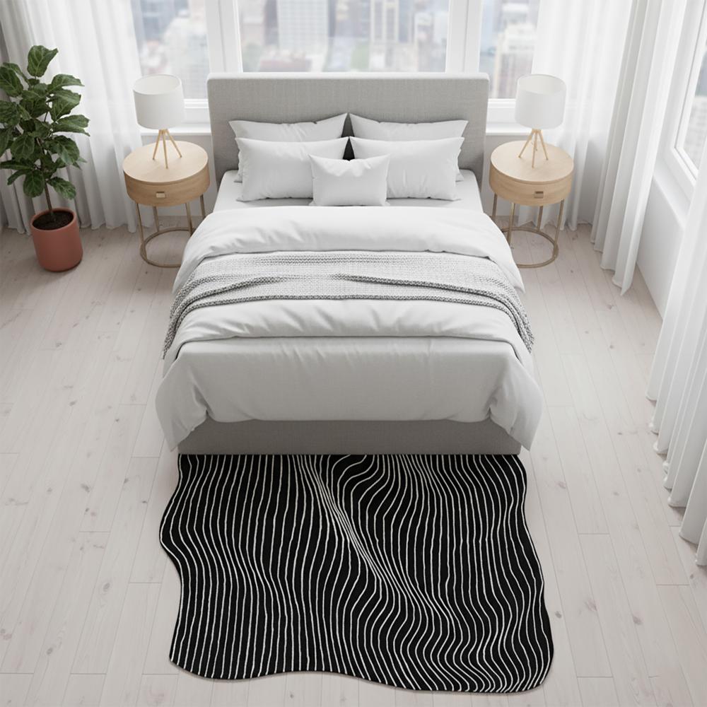 Black Wavy Line Wool Rug, Modern Abstract Area Rug