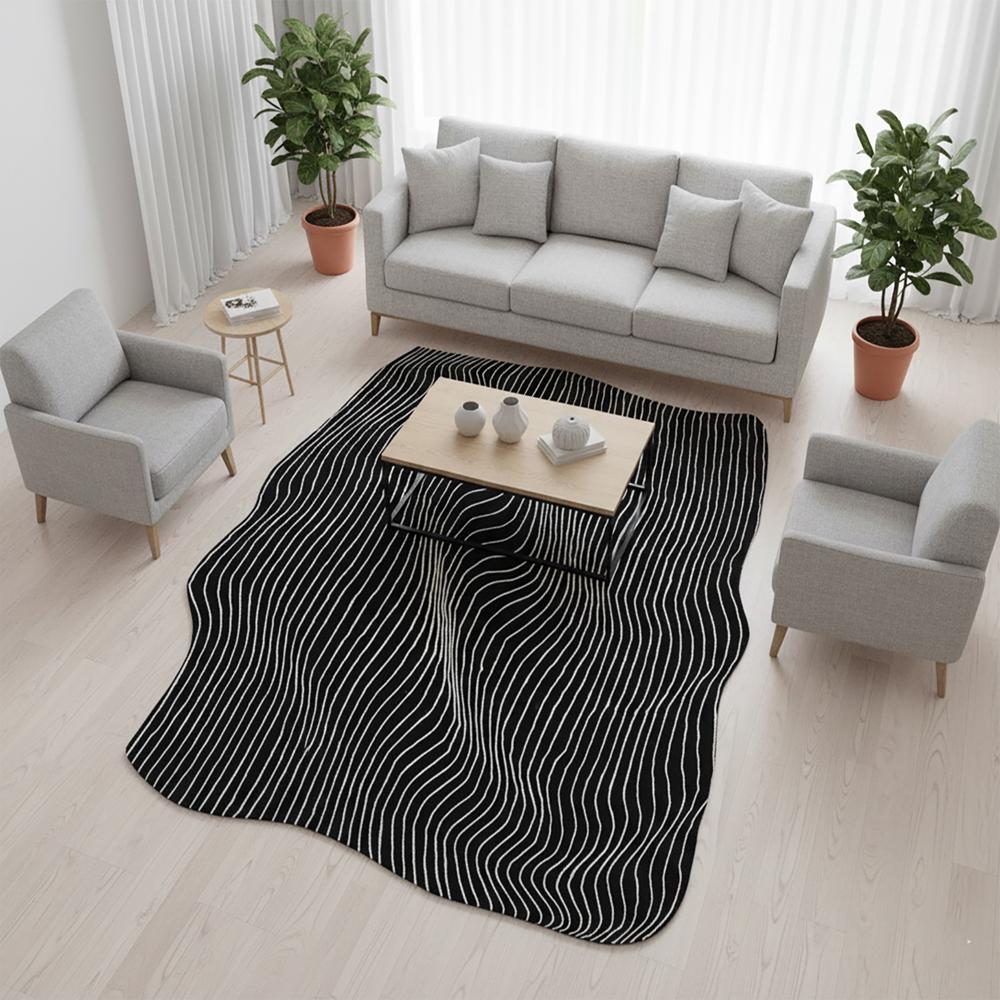 Black Wavy Line Wool Rug, Modern Abstract Area Rug