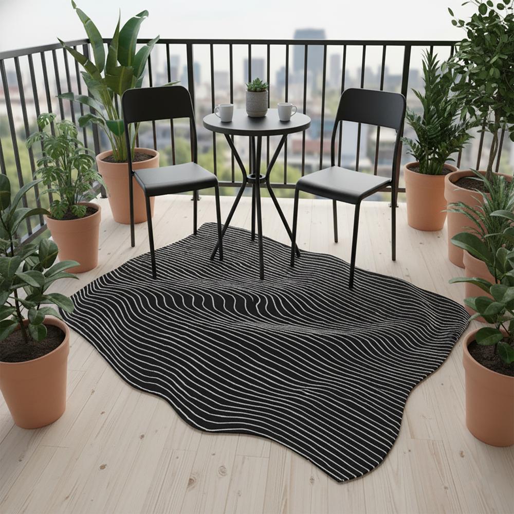 Black Wavy Line Wool Rug, Modern Abstract Area Rug