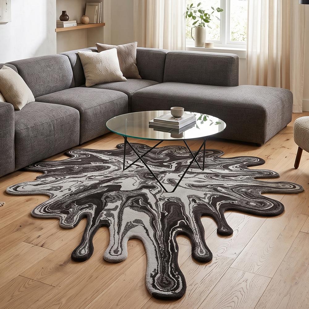 Black & Grey Melting Paint Splash Irregular Wool Rug