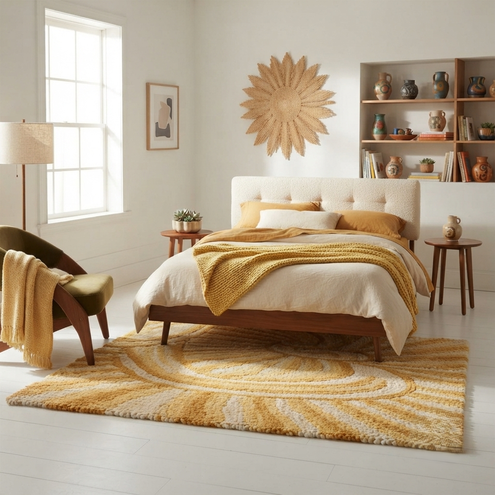 Yellow Abstract Swirl Hand-Tufted Runner Rug