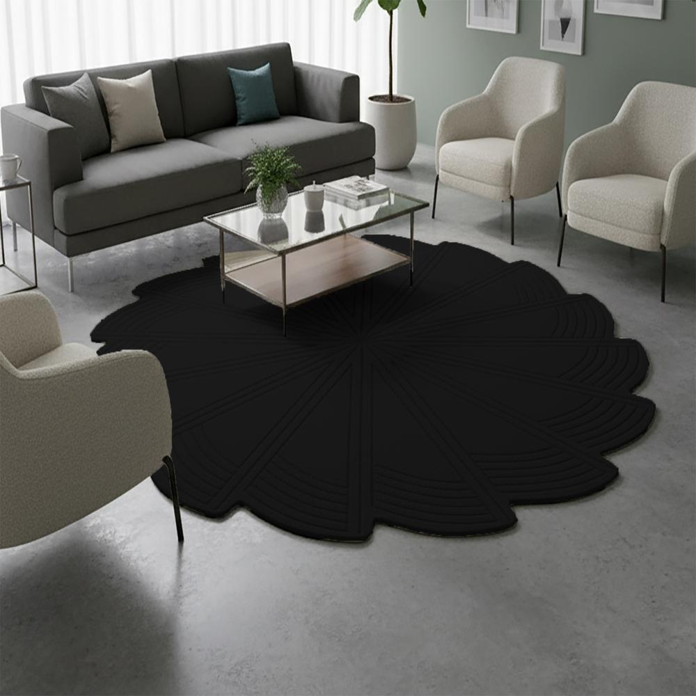 Black Geometric Pinwheel Spiral Round Hand-Tufted Wool Rug