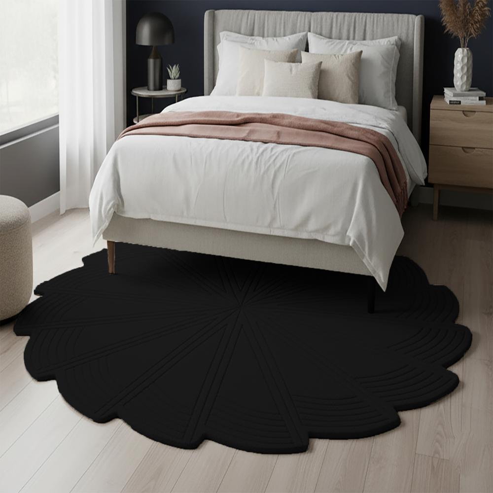 Black Geometric Pinwheel Spiral Round Hand-Tufted Wool Rug