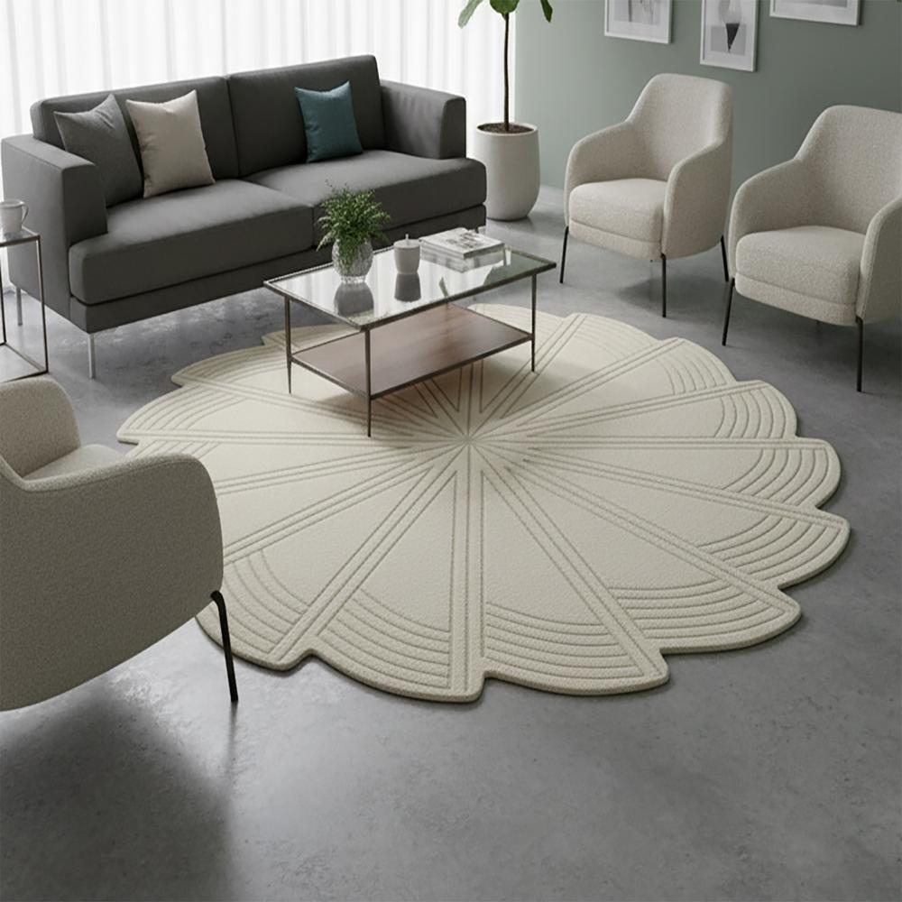 White Geometric Pinwheel Spiral Round Hand-Tufted Wool Rug