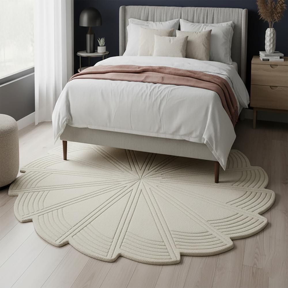 White Geometric Pinwheel Spiral Round Hand-Tufted Wool Rug