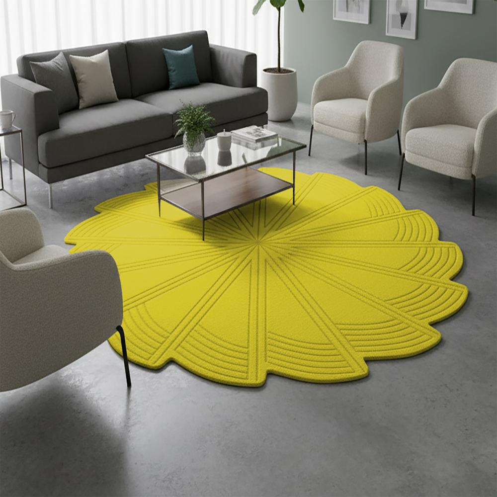 Yellow Geometric Pinwheel Spiral Round Hand-Tufted Wool Rug