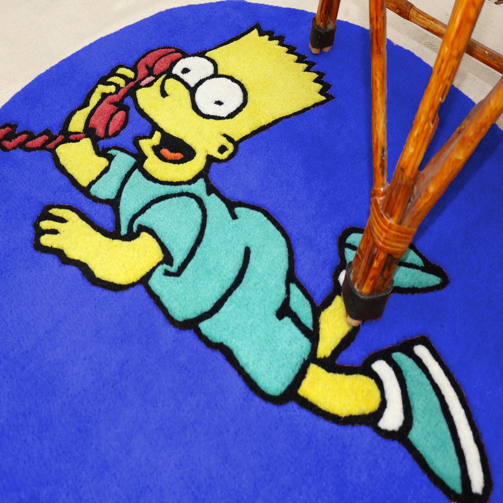 Blue Cartoon Character On The Phone Round Hand-Tufted Wool Rug