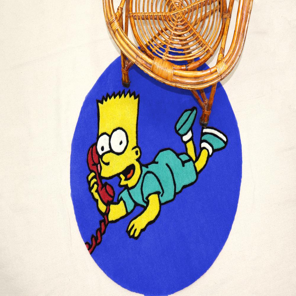 Blue Cartoon Character On The Phone Round Hand-Tufted Wool Rug