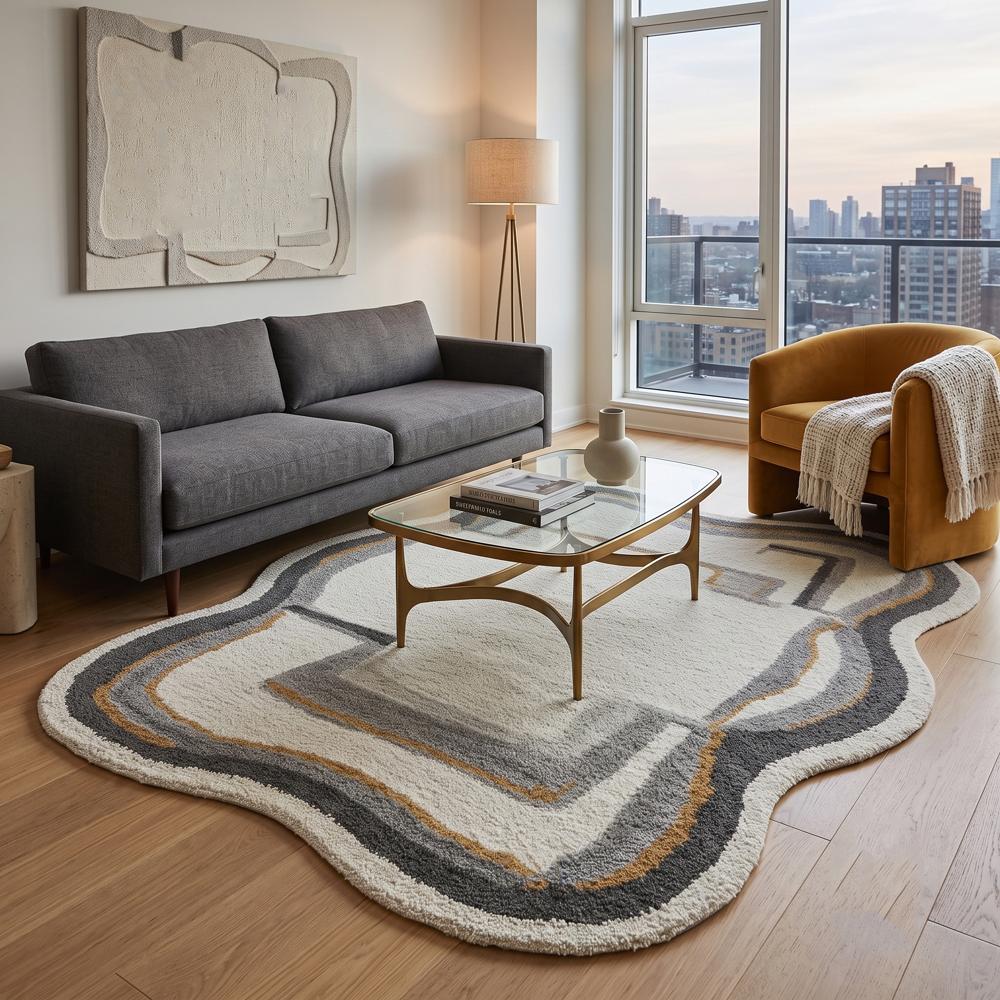 Modern Abstract Irregular Wavy Border Hand-Tufted Wool Rug