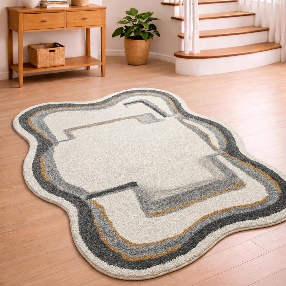 Modern Abstract Irregular Wavy Border Hand-Tufted Wool Rug