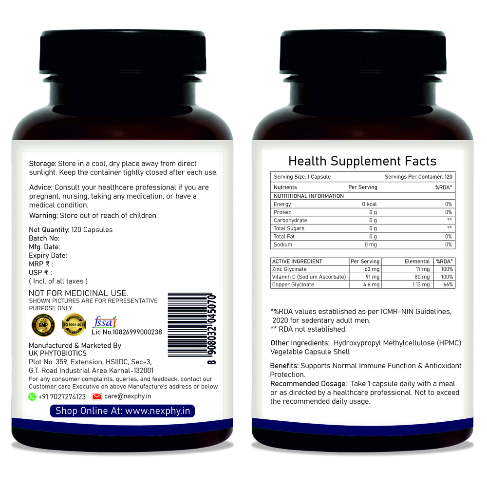 Zinc-Immune Zinc Glycinate + Vitamin C + Copper Glycinate Capsules