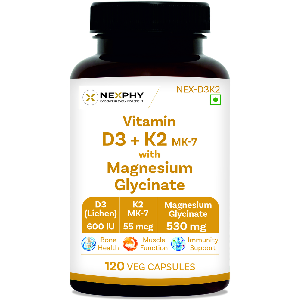NEX-D3K2 Vitamin D3 + K2 MK-7 with Magnesium Glycinate Capsules
