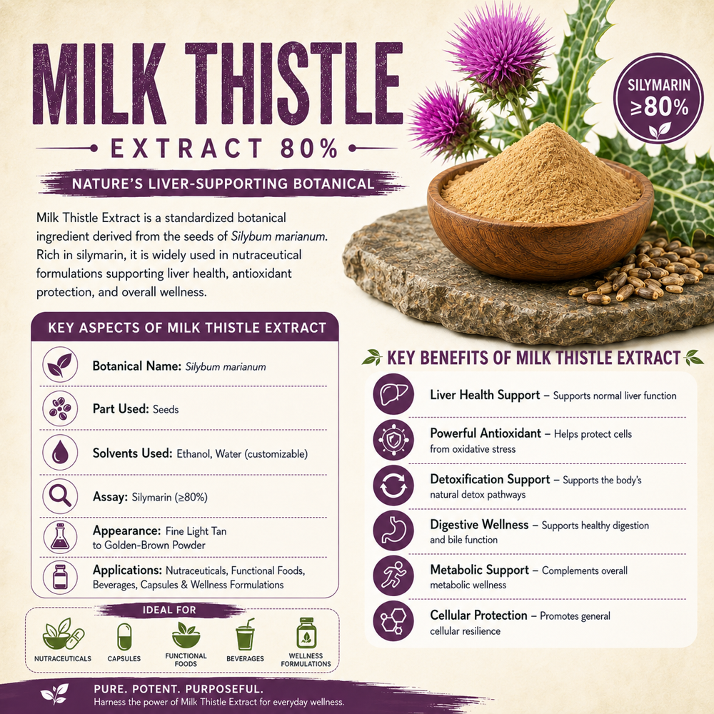 Premium Milk Thistle Extract (Silybum Marianum) Silymarin 80% Standardized Extract - Color: Yellowish Brown To Brown Powder