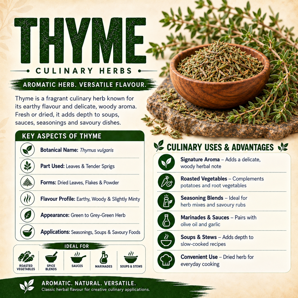 Premium Dried Thyme Leaves (Thymus Vulgaris) Natural Culinary Herb & Seasoning Ingredient - Color: Green To Greyish Green