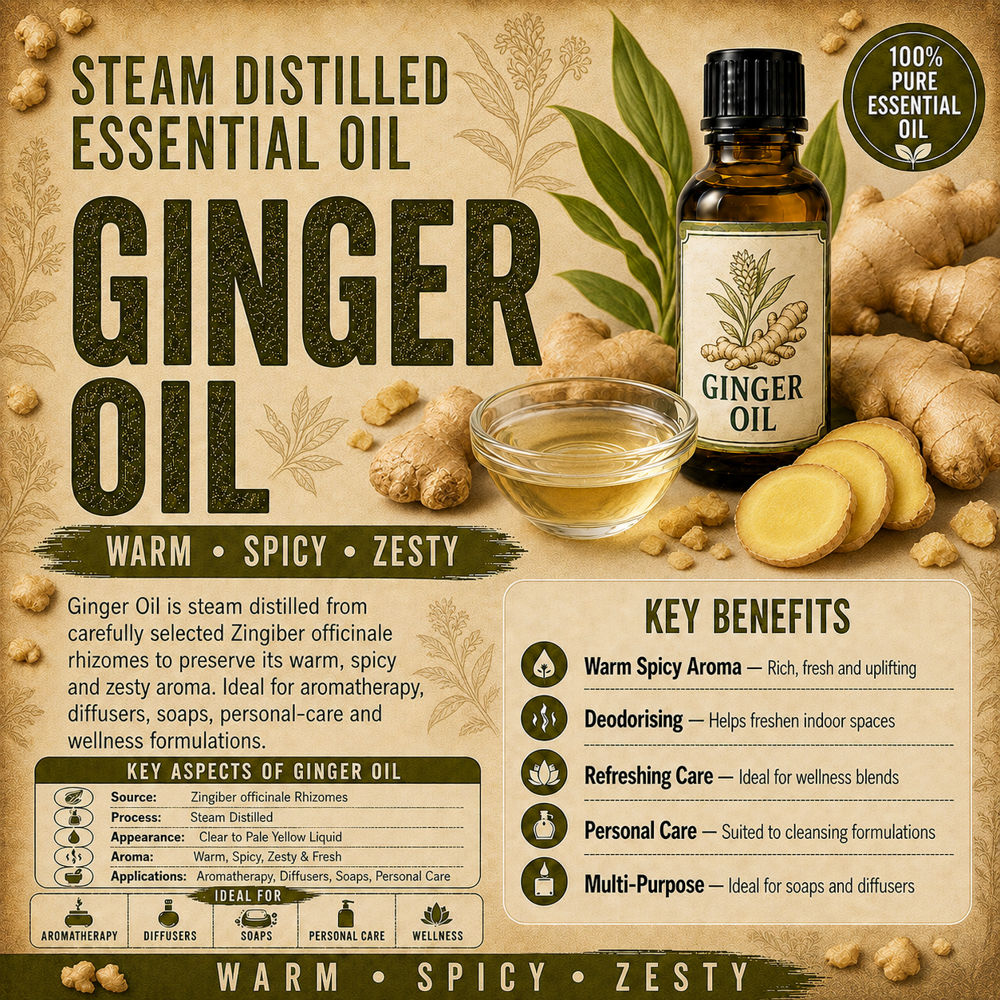 Premium Ginger Essential Oil (Zingiber Officinale) Natural Steam Distilled Ginger Oil - Odour: Warm