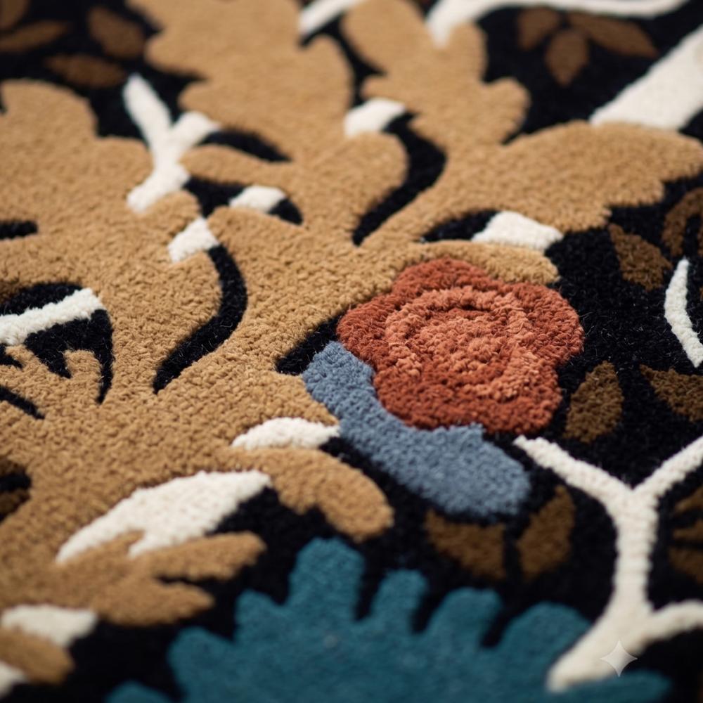 Abstract Floral Wool Rug, Botanical Area Rug, Modern Nature Carpet