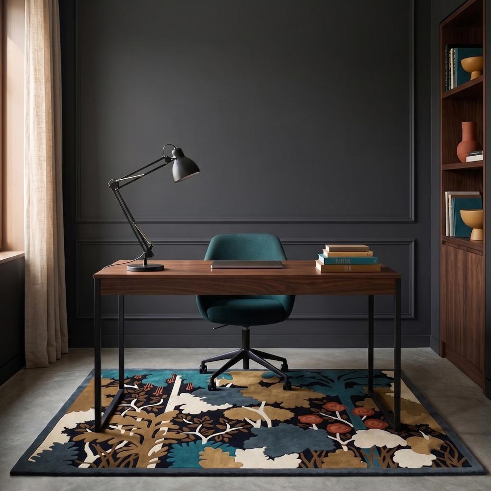 Abstract Floral Wool Rug, Botanical Area Rug, Modern Nature Carpet