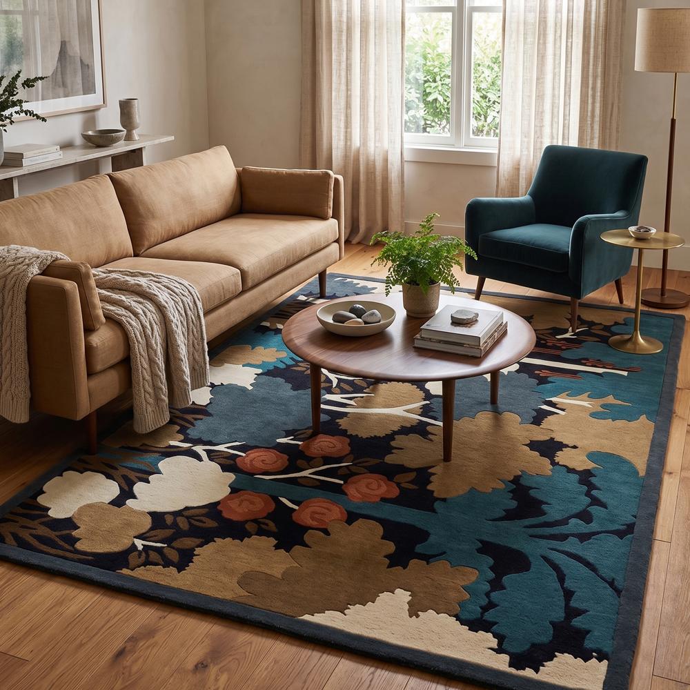 Abstract Floral Wool Rug, Botanical Area Rug, Modern Nature Carpet