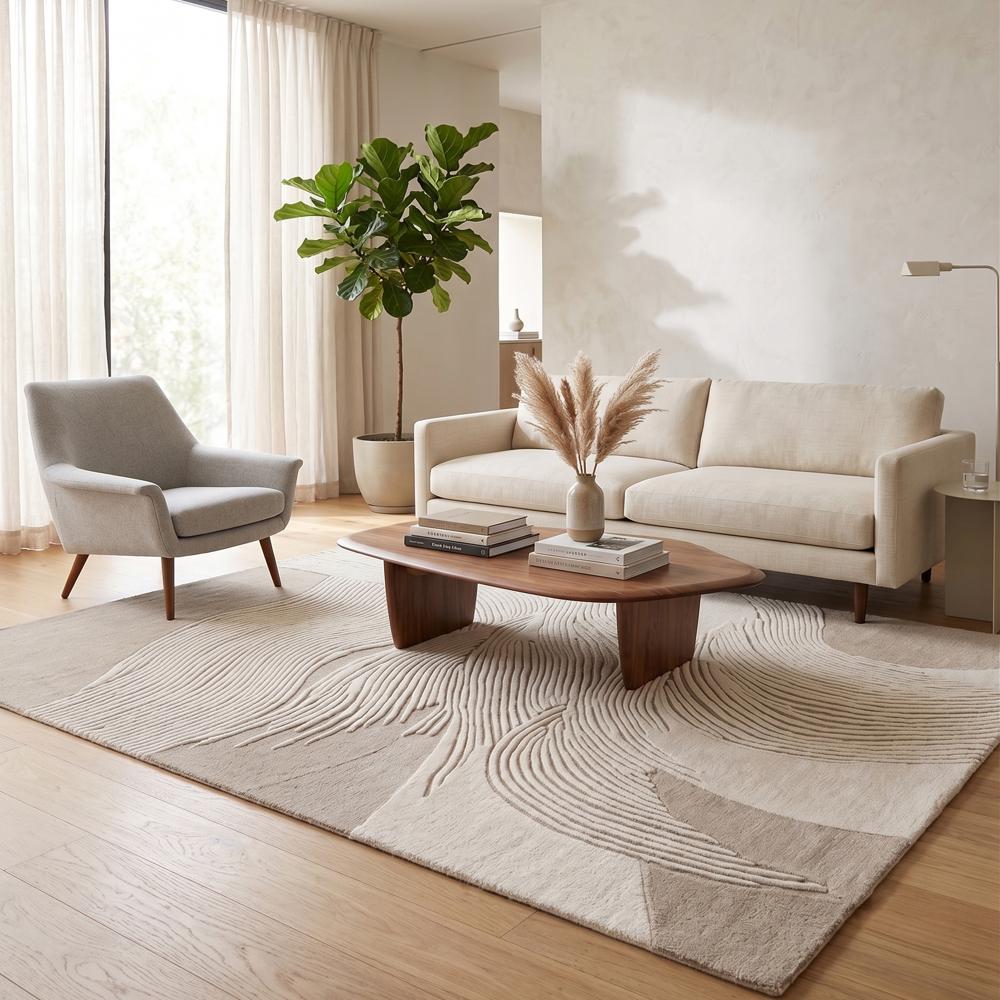 Textured Abstract Wool Rug, Modern Area Rug, Beige Living Room Rug