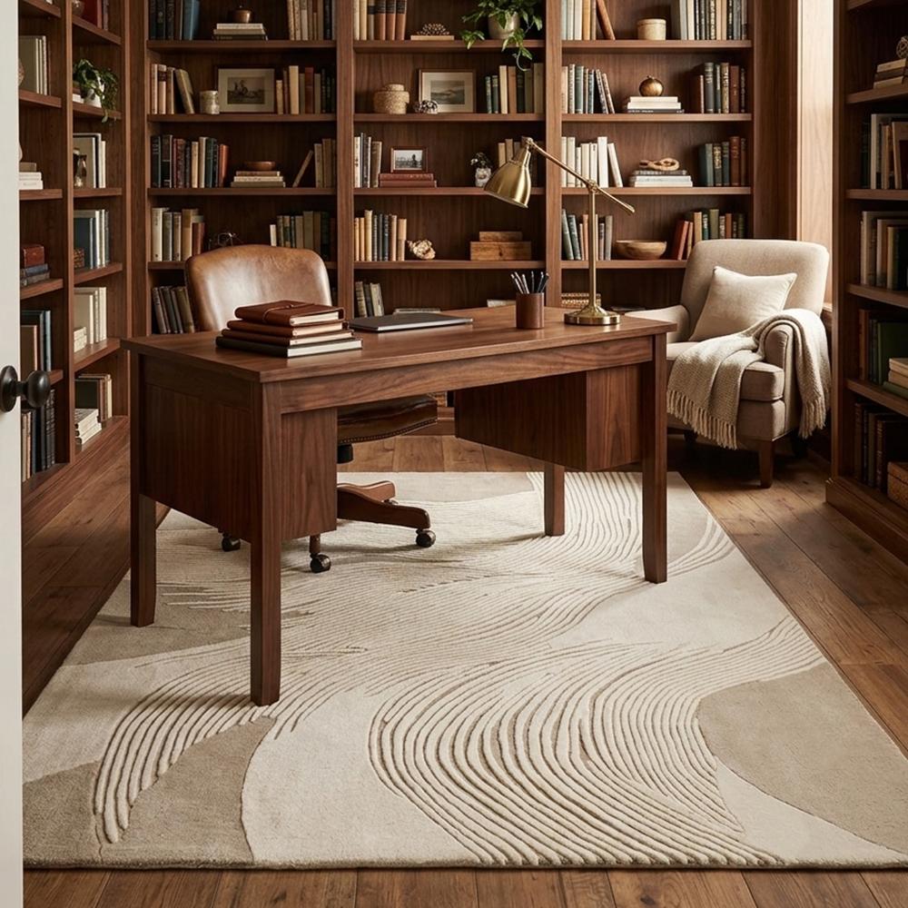 Textured Abstract Wool Rug, Modern Area Rug, Beige Living Room Rug