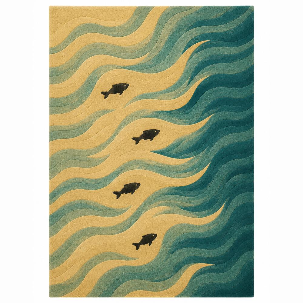Ocean Waves Wool Rug, Fish Pattern Area Rug, Coastal Living Room Rug           Convert to PDF
