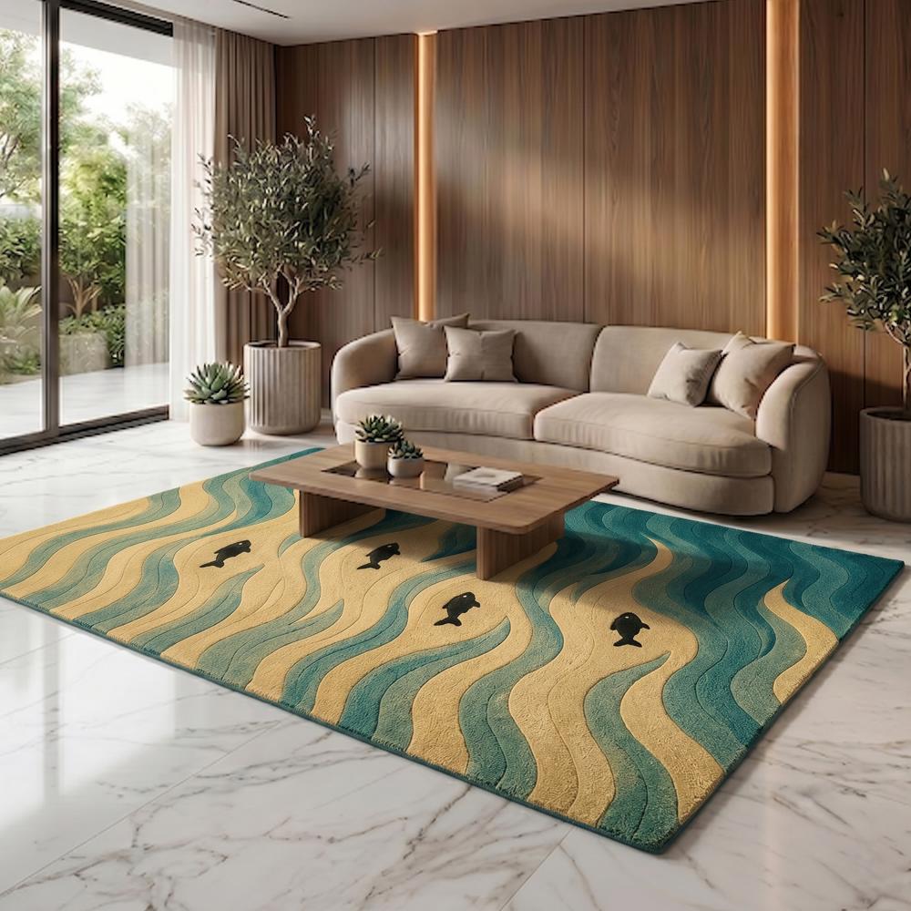 Ocean Waves Wool Rug, Fish Pattern Area Rug, Coastal Living Room Rug           Convert to PDF