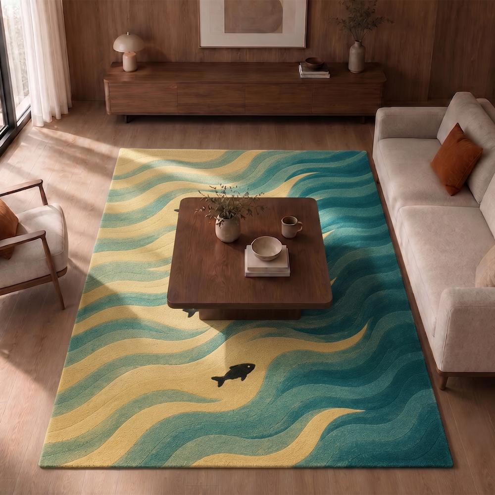Ocean Waves Wool Rug, Fish Pattern Area Rug, Coastal Living Room Rug           Convert to PDF