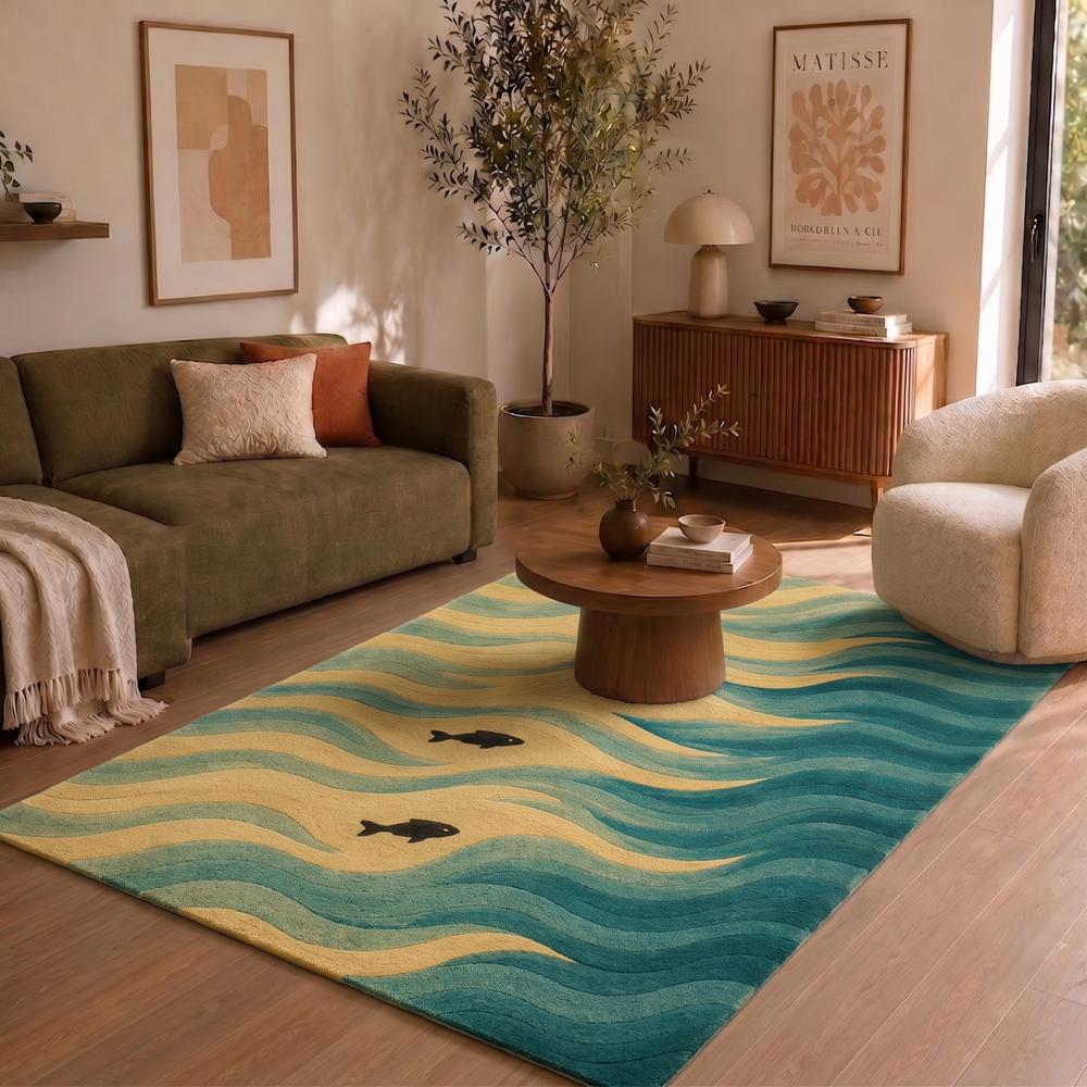 Ocean Waves Wool Rug, Fish Pattern Area Rug, Coastal Living Room Rug           Convert to PDF