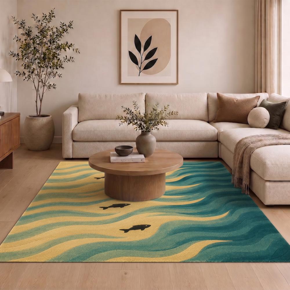 Ocean Waves Wool Rug, Fish Pattern Area Rug, Coastal Living Room Rug           Convert to PDF