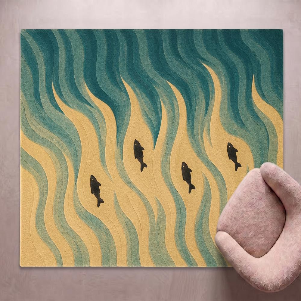 Ocean Waves Wool Rug, Fish Pattern Area Rug, Coastal Living Room Rug           Convert to PDF