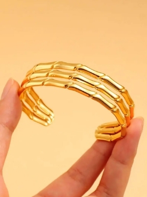 Bamboo-Inspired Triple Band Gold Cuff - Jewelry Type: Bracelets
