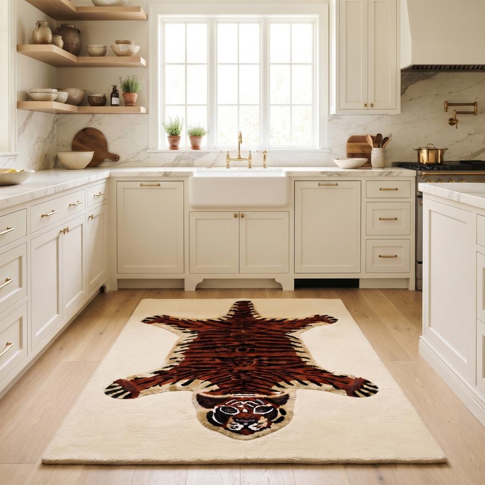 Hand-Tufted Tibetan Tiger Motif Wool Area Rug